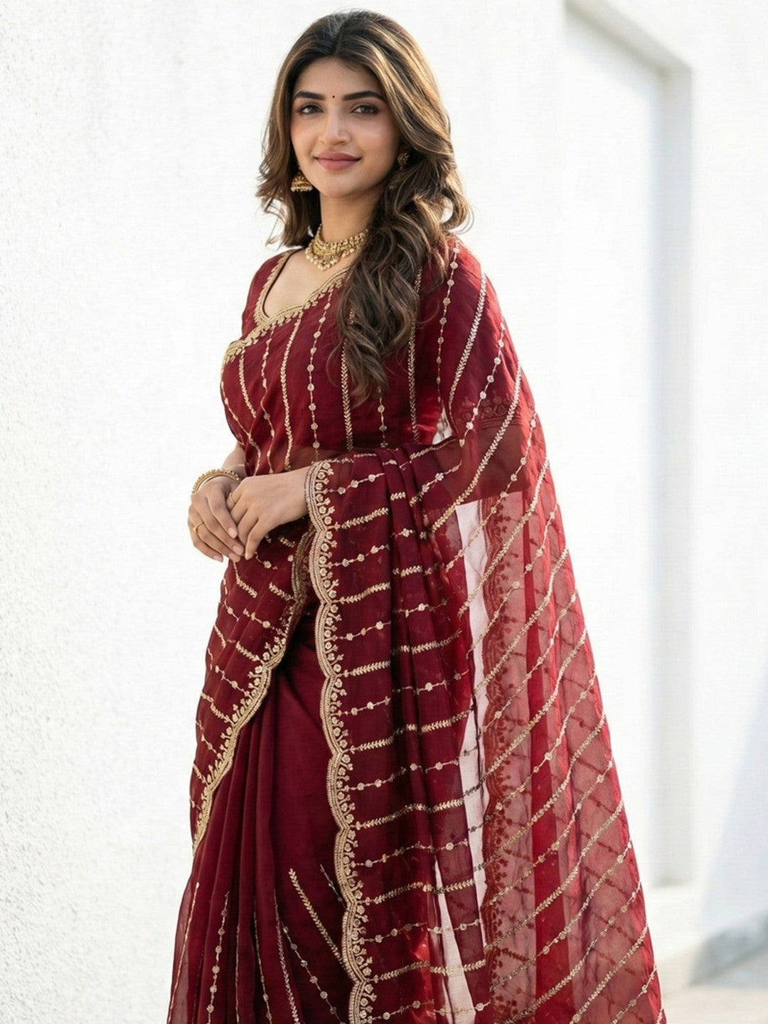 Peachmode Maroon Sequin Embroidered Dual Shade Satin Saree - Image 2