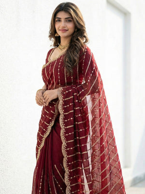 Peachmode Maroon Sequin Embroidered Dual Shade Satin Saree - Image 2