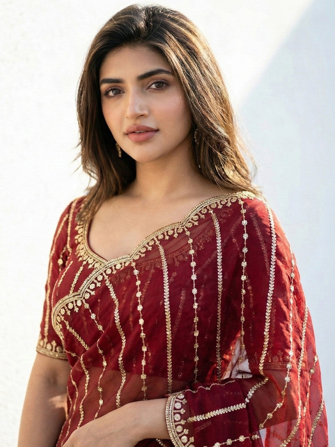 Peachmode Maroon Sequin Embroidered Dual Shade Satin Saree - Image 4