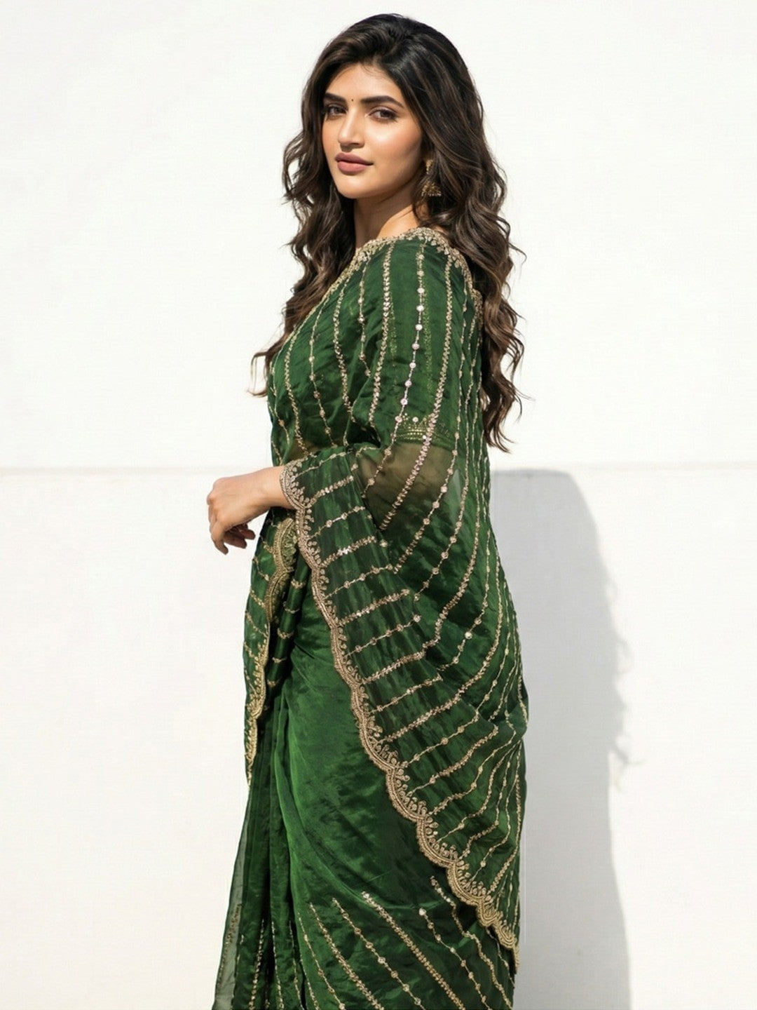 Peachmode Green Sequin Embroidered Dual Shade Satin Saree - Image 2