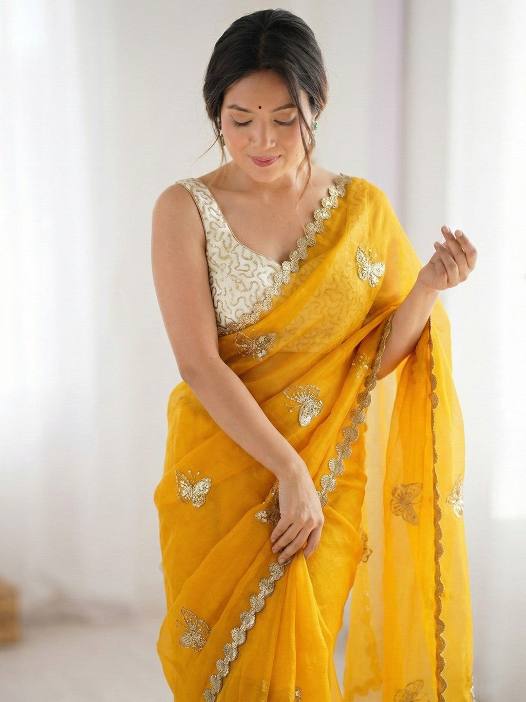 Peachmode Yellow Butterfly Sequin Embroidered Dual Shade Satin Saree - Image 3