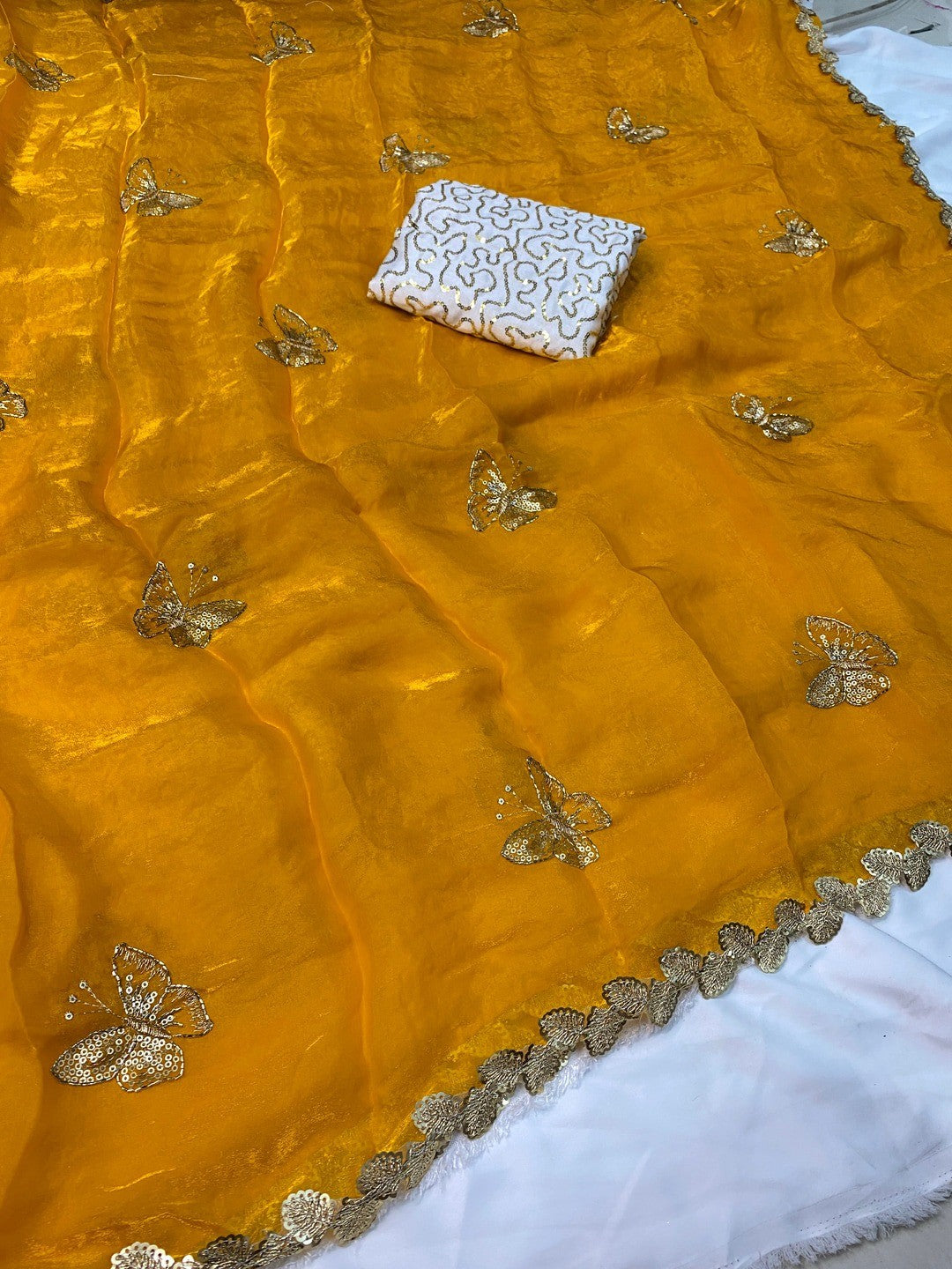 Peachmode Yellow Butterfly Sequin Embroidered Dual Shade Satin Saree - Image 5