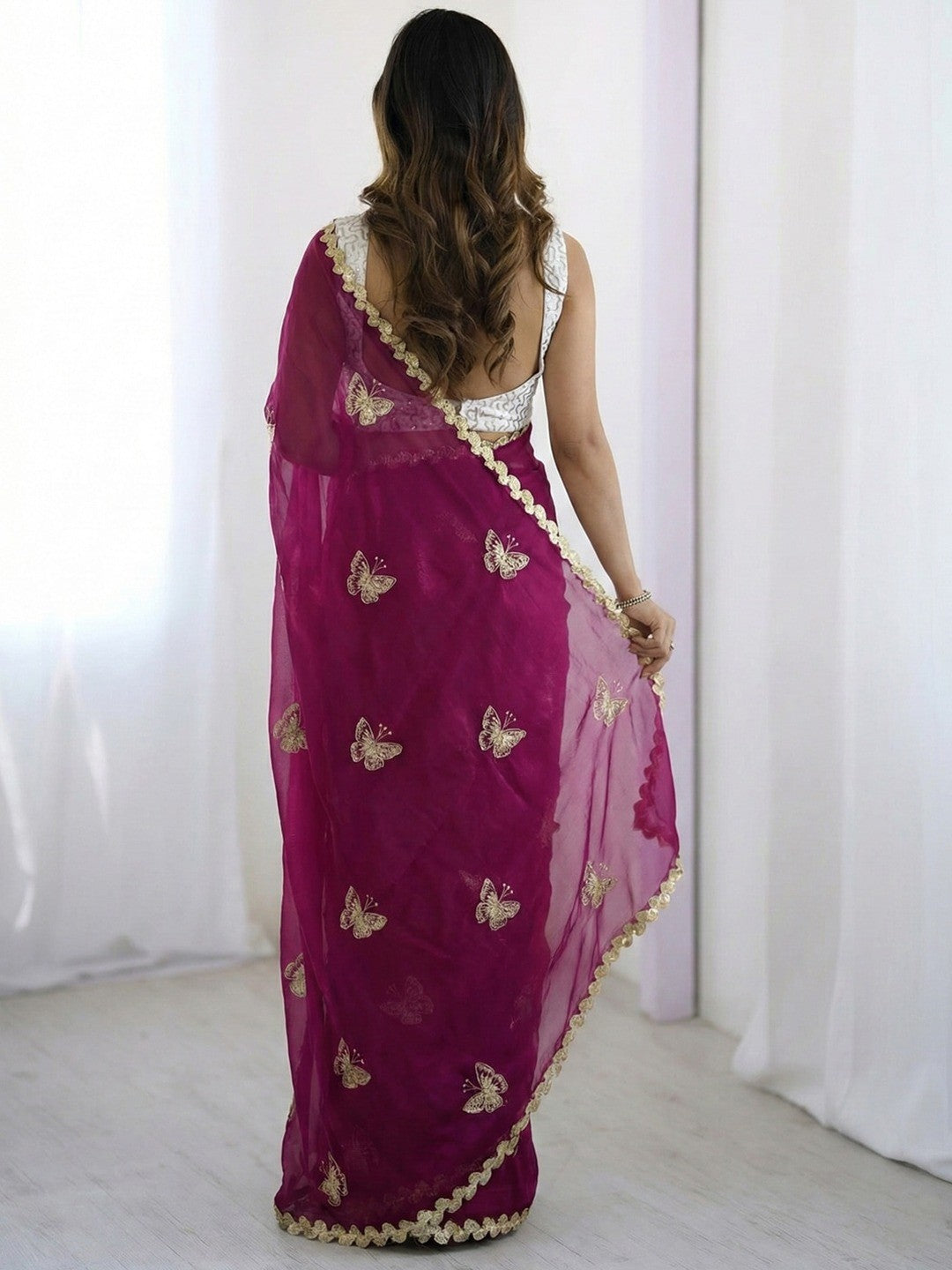 Peachmode Wine Butterfly Sequin Embroidered Dual Shade Satin Saree - Image 2