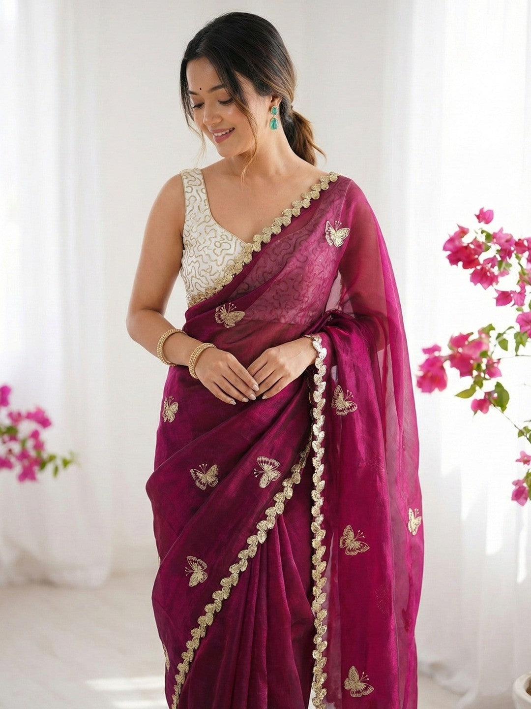 Peachmode Wine Butterfly Sequin Embroidered Dual Shade Satin Saree - Image 3