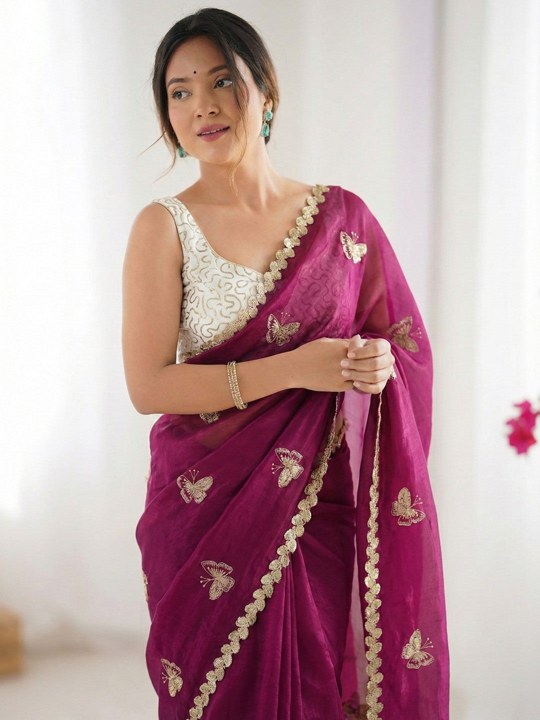 Peachmode Wine Butterfly Sequin Embroidered Dual Shade Satin Saree - Image 4