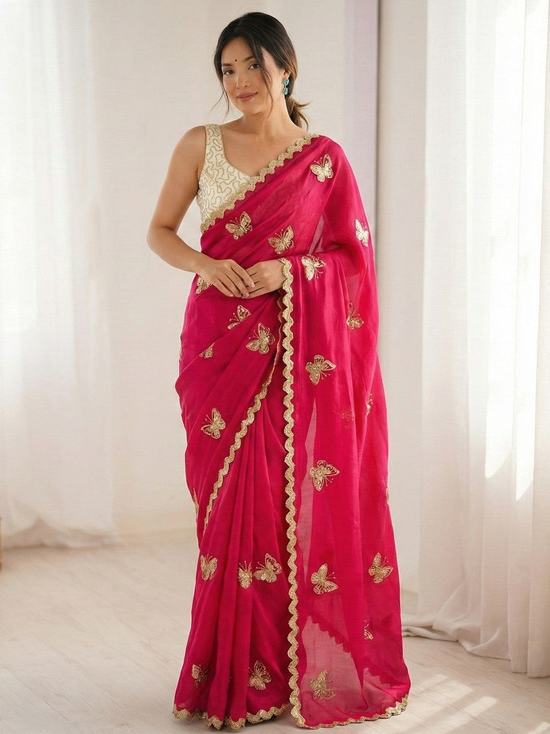 Peachmode Rani Pink Butterfly Sequin Embroidered Dual Shade Satin Saree - Image 1