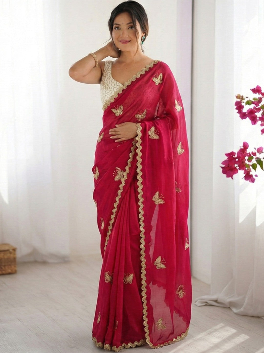 Peachmode Rani Pink Butterfly Sequin Embroidered Dual Shade Satin Saree - Image 2