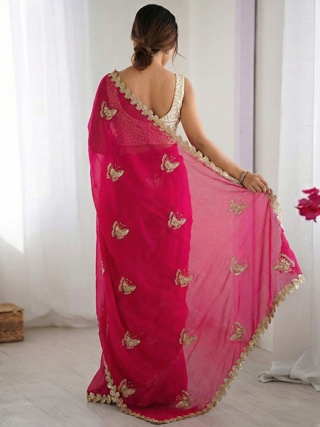 Peachmode Rani Pink Butterfly Sequin Embroidered Dual Shade Satin Saree - Image 3