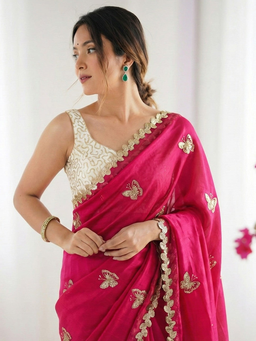 Peachmode Rani Pink Butterfly Sequin Embroidered Dual Shade Satin Saree - Image 4