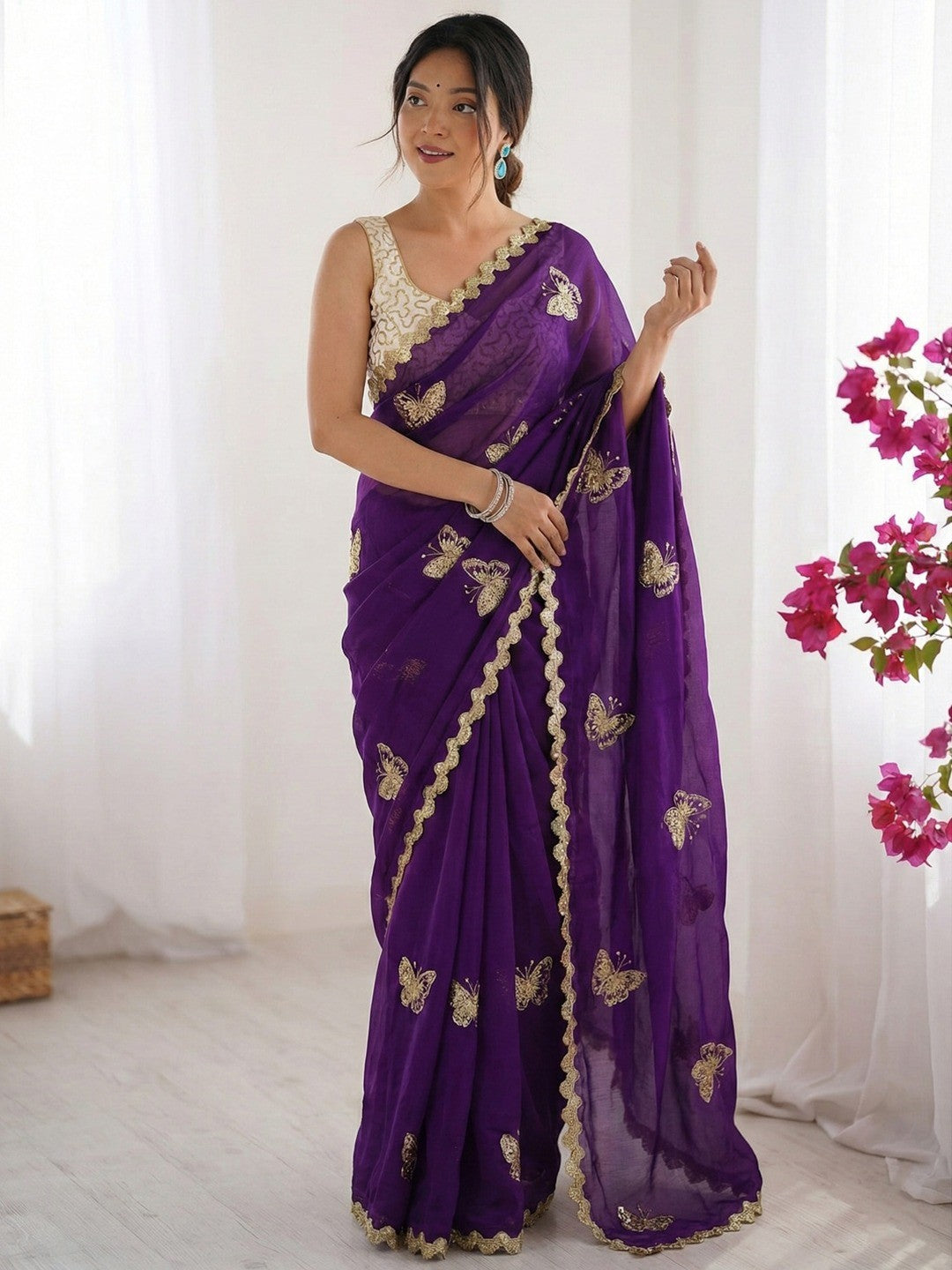 Peachmode Purple Butterfly Sequin Embroidered Dual Shade Satin Saree - Image 1