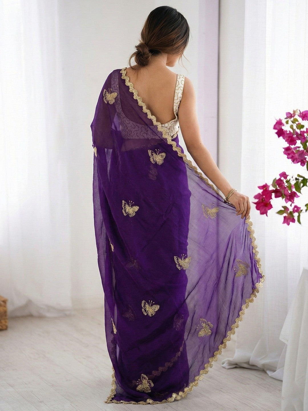 Peachmode Purple Butterfly Sequin Embroidered Dual Shade Satin Saree - Image 2
