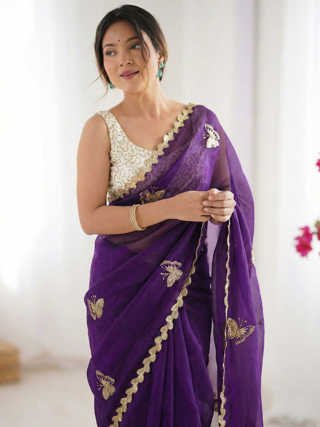 Peachmode Purple Butterfly Sequin Embroidered Dual Shade Satin Saree - Image 3