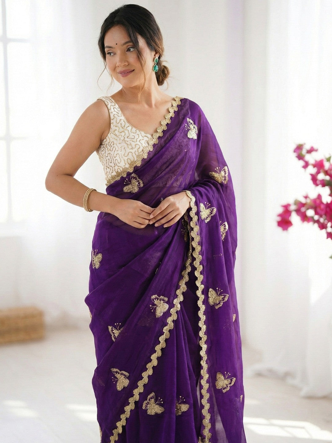 Peachmode Purple Butterfly Sequin Embroidered Dual Shade Satin Saree - Image 4