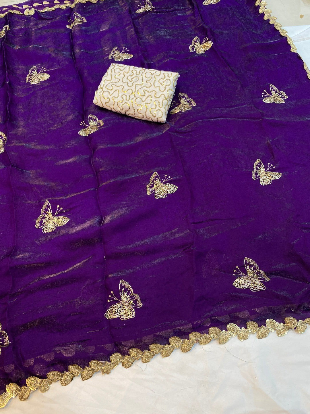 Peachmode Purple Butterfly Sequin Embroidered Dual Shade Satin Saree - Image 5