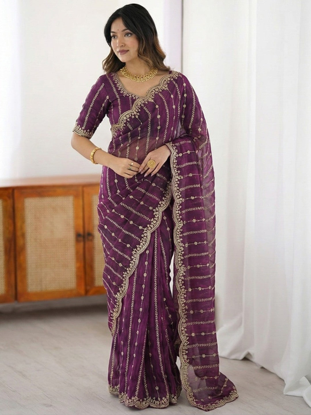 Peachmode Wine Sequin Embroidered Dual Shade Satin Saree - Image 2