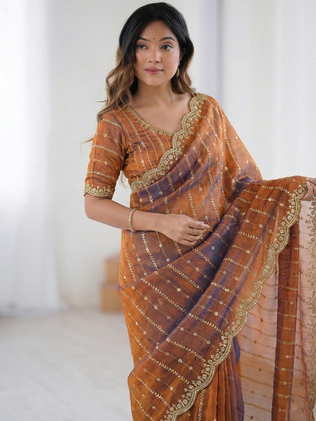 Peachmode Rust Sequin Embroidered Dual Shade Satin Saree - Image 1