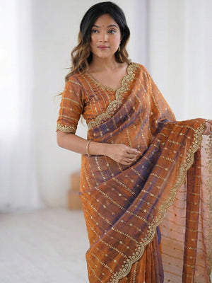 Peachmode Rust Sequin Embroidered Dual Shade Satin Saree - Image 1