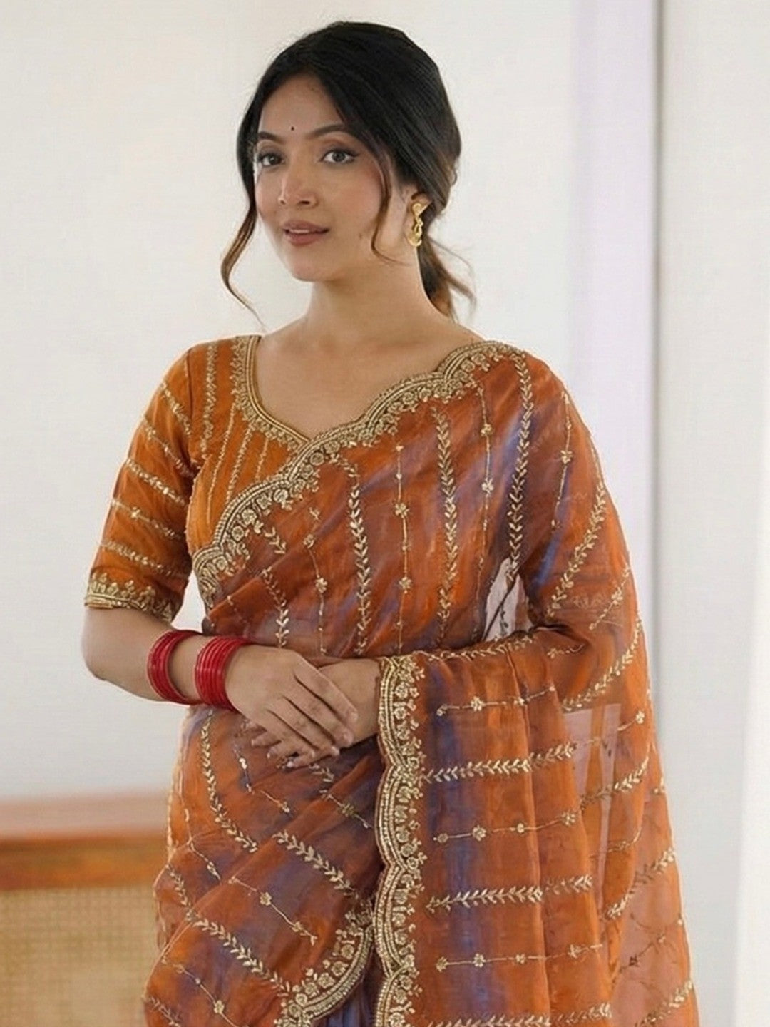 Peachmode Rust Sequin Embroidered Dual Shade Satin Saree - Image 5