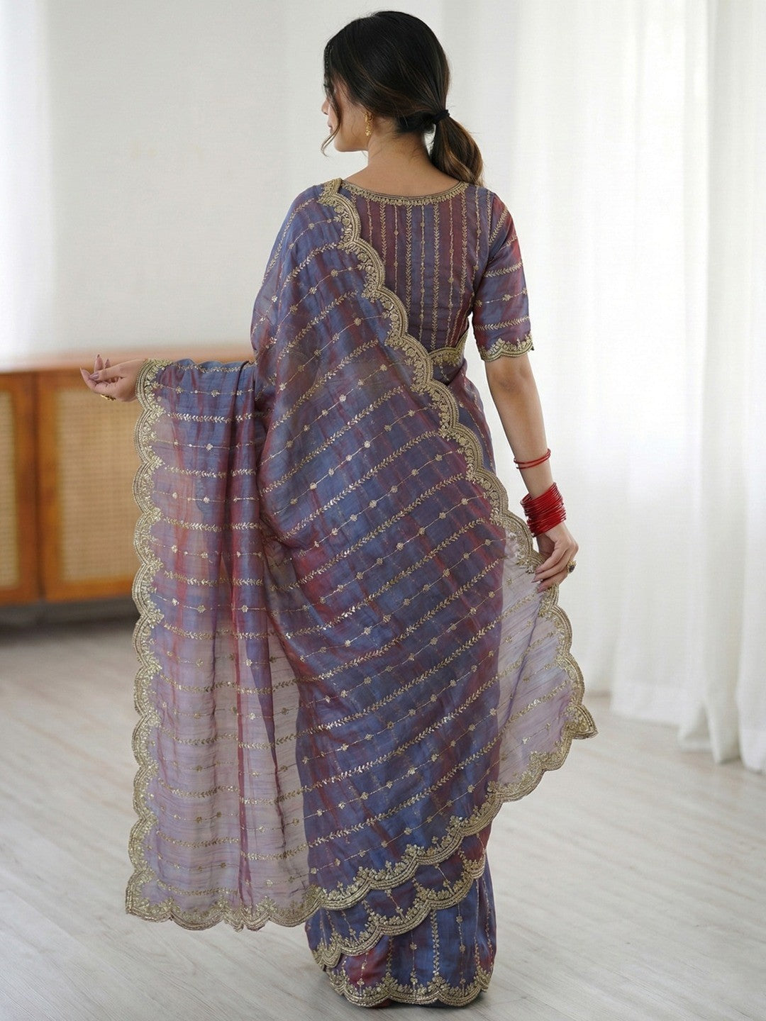 Peachmode Purple Sequin Embroidered Dual Shade Satin Saree - Image 3