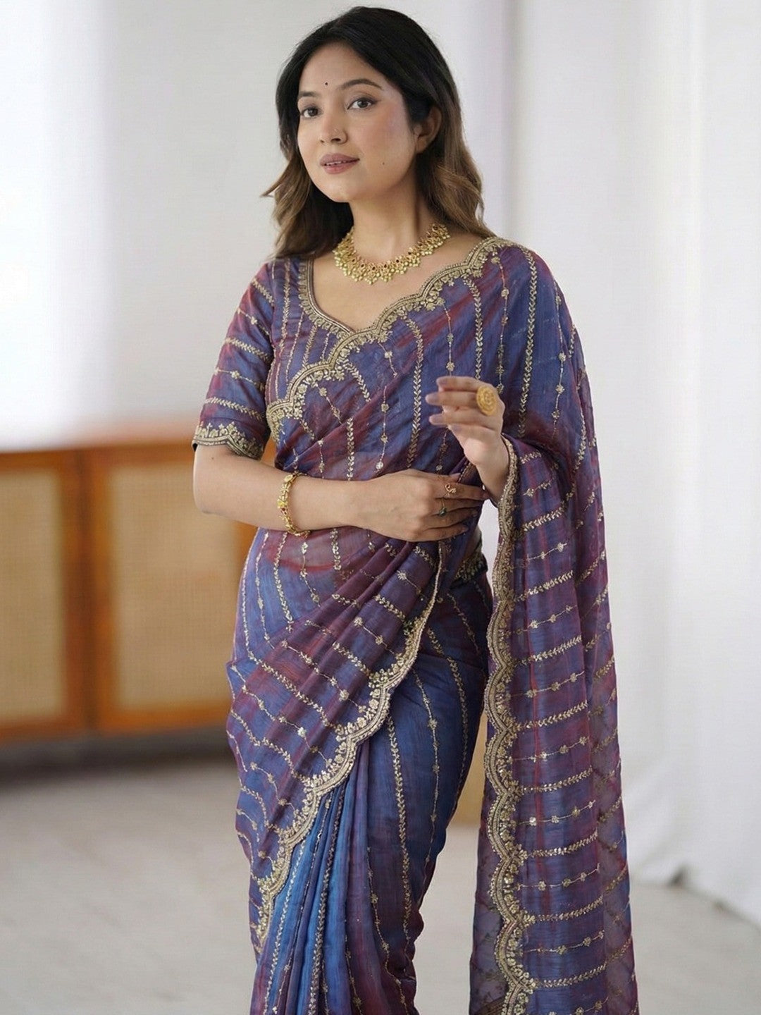 Peachmode Purple Sequin Embroidered Dual Shade Satin Saree - Image 5