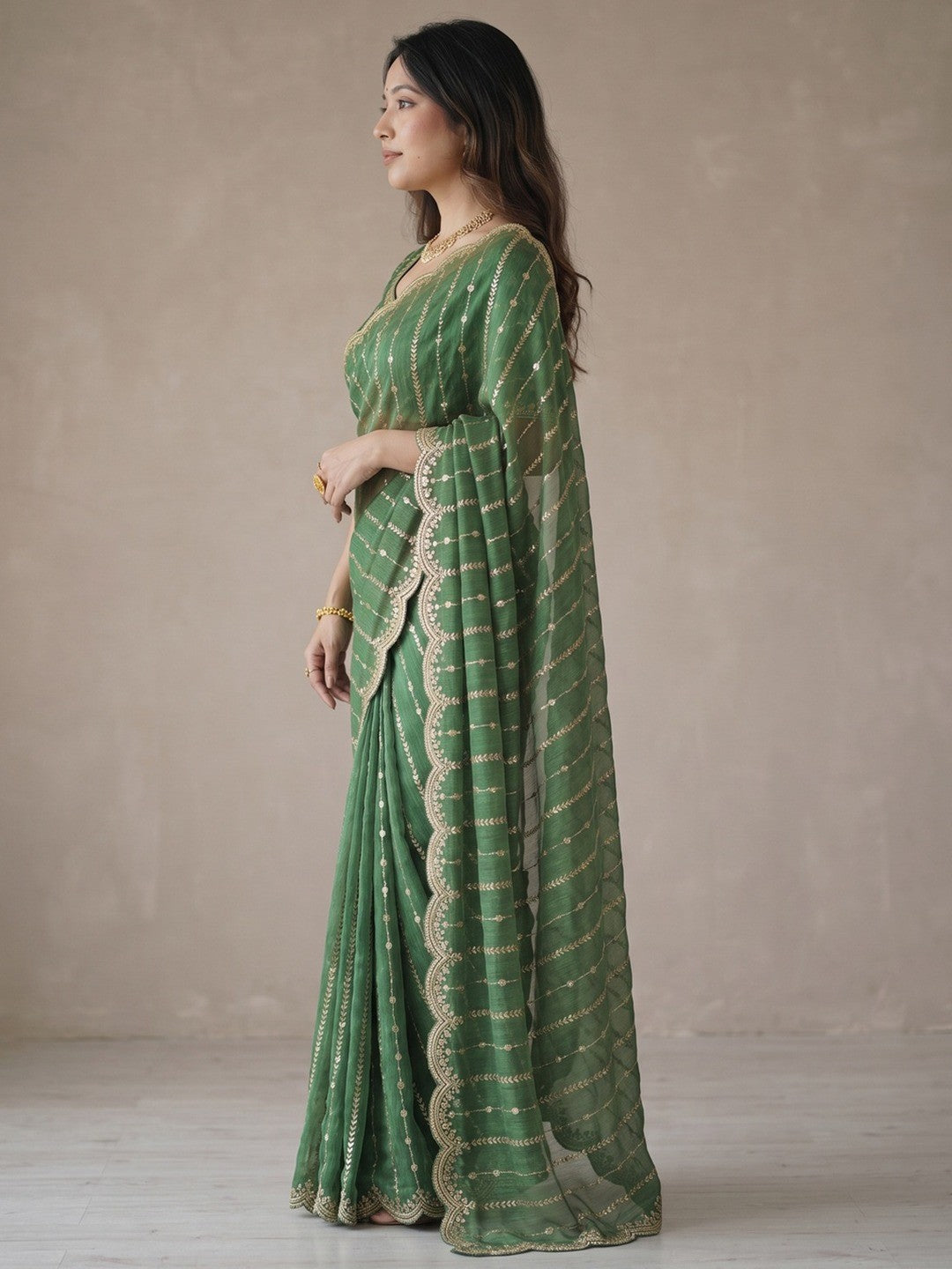 Peachmode Green Sequin Embroidered Dual Shade Satin Saree - Image 2