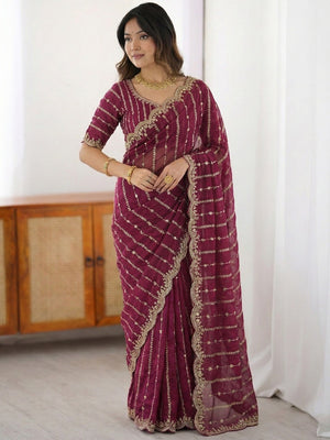 Peachmode Cherry Red Sequin Embroidered Dual Shade Satin Saree - Image 1