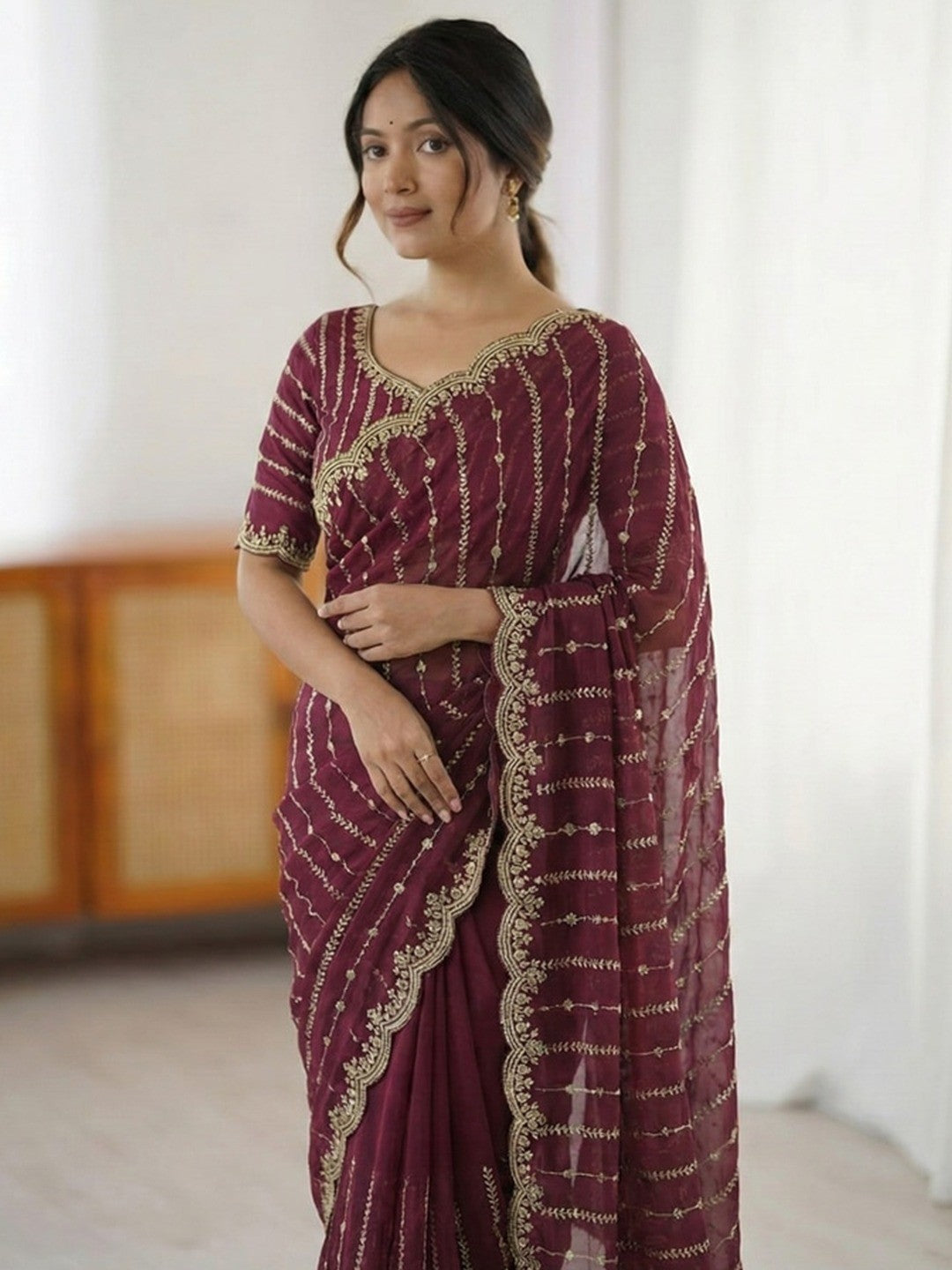 Peachmode Cherry Red Sequin Embroidered Dual Shade Satin Saree - Image 5