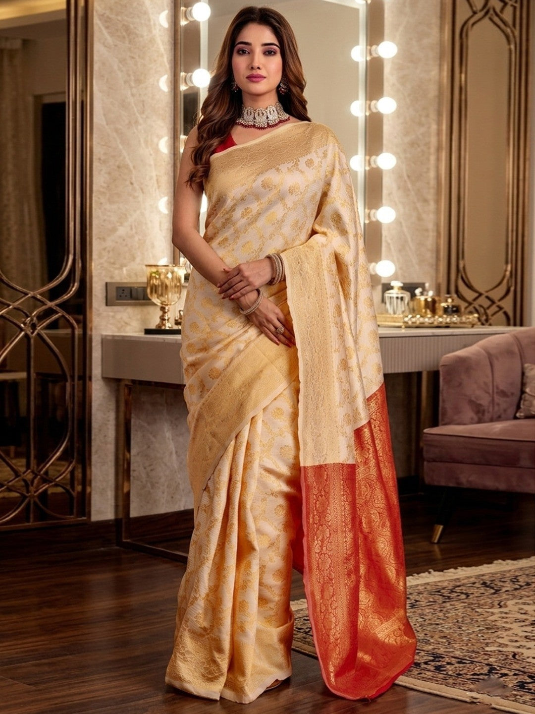 Peachmode Offwhite Red Jacquard Woven Kanchipuram Lichi Silk Saree - Image 1