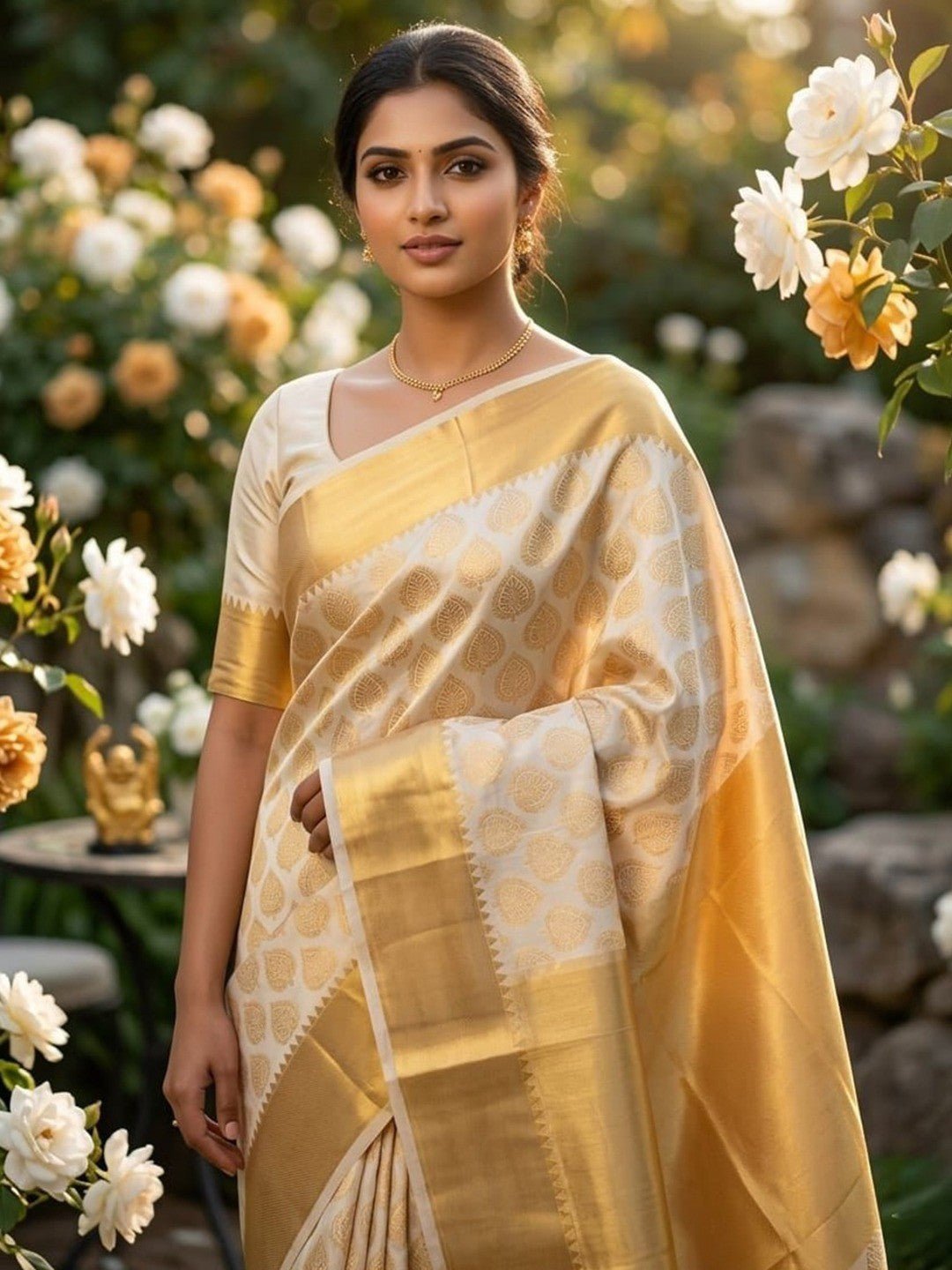 Peachmode Cream Zari Woven Kanjivaram Soft Silk Saree - Image 2