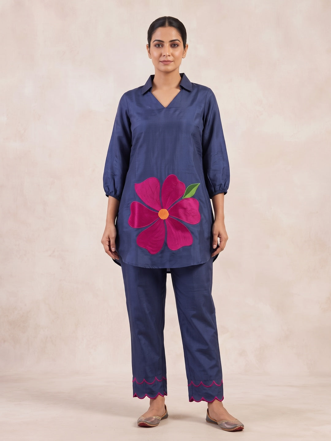 Peachmode Navy Blue Chanderi Blend Floral Embroidered Co-ord Set - Image 2