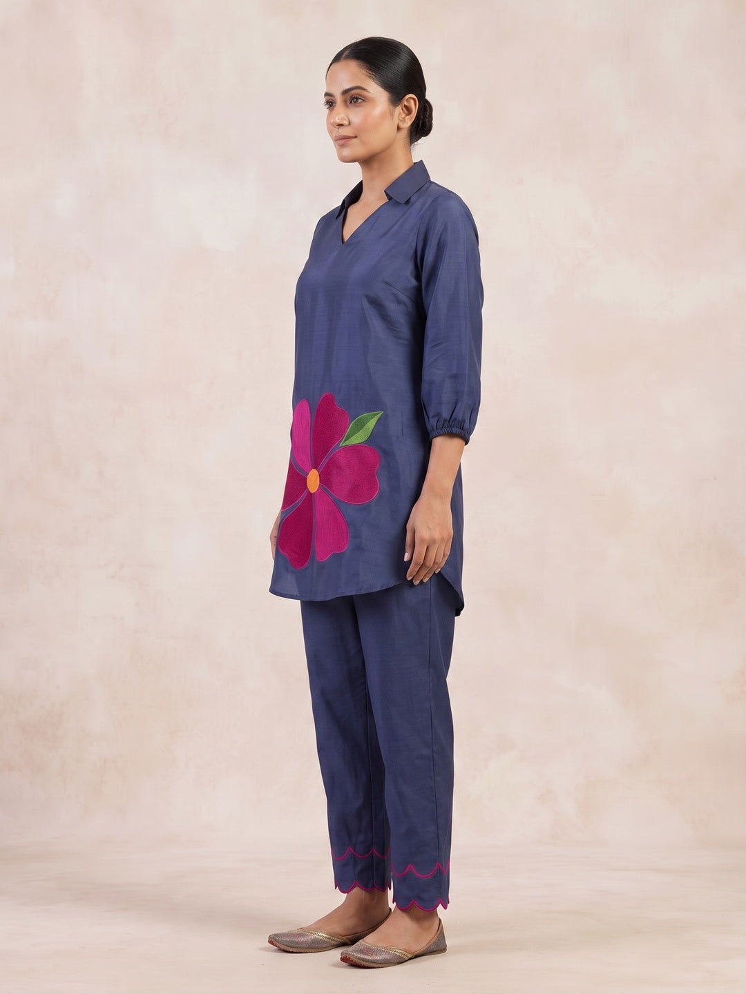 Peachmode Navy Blue Chanderi Blend Floral Embroidered Co-ord Set - Image 3