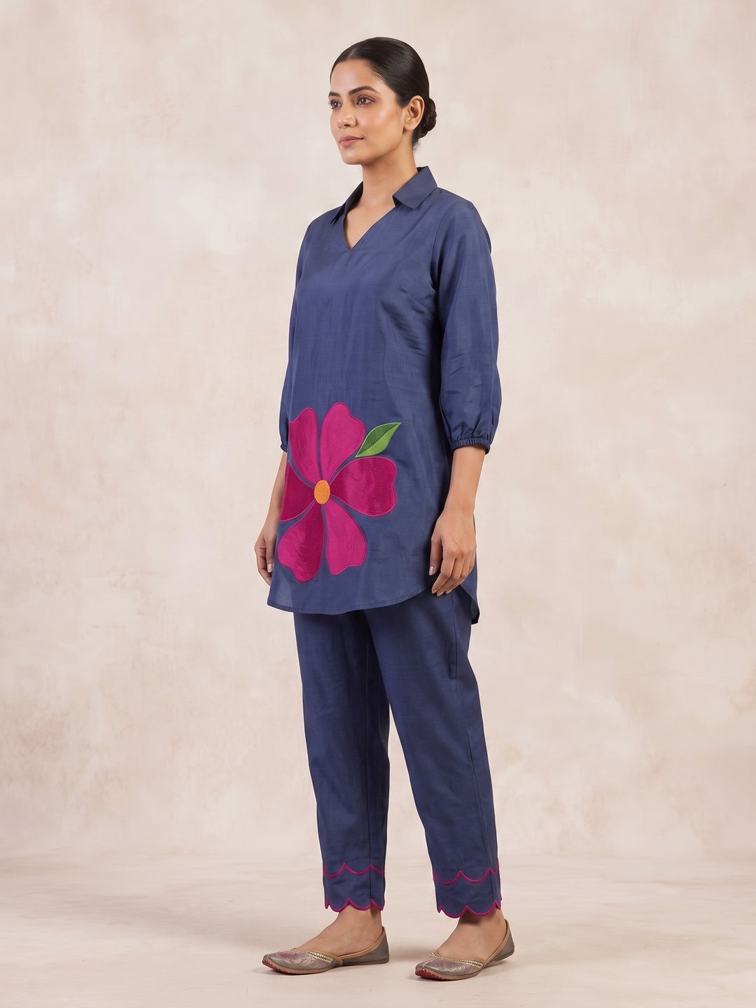 Peachmode Navy Blue Chanderi Blend Floral Embroidered Co-ord Set - Image 4