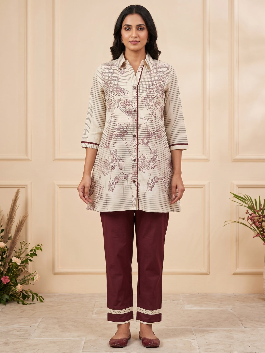Peachmode Cream Pure Cotton Floral Printed Co-ord Set - Image 1