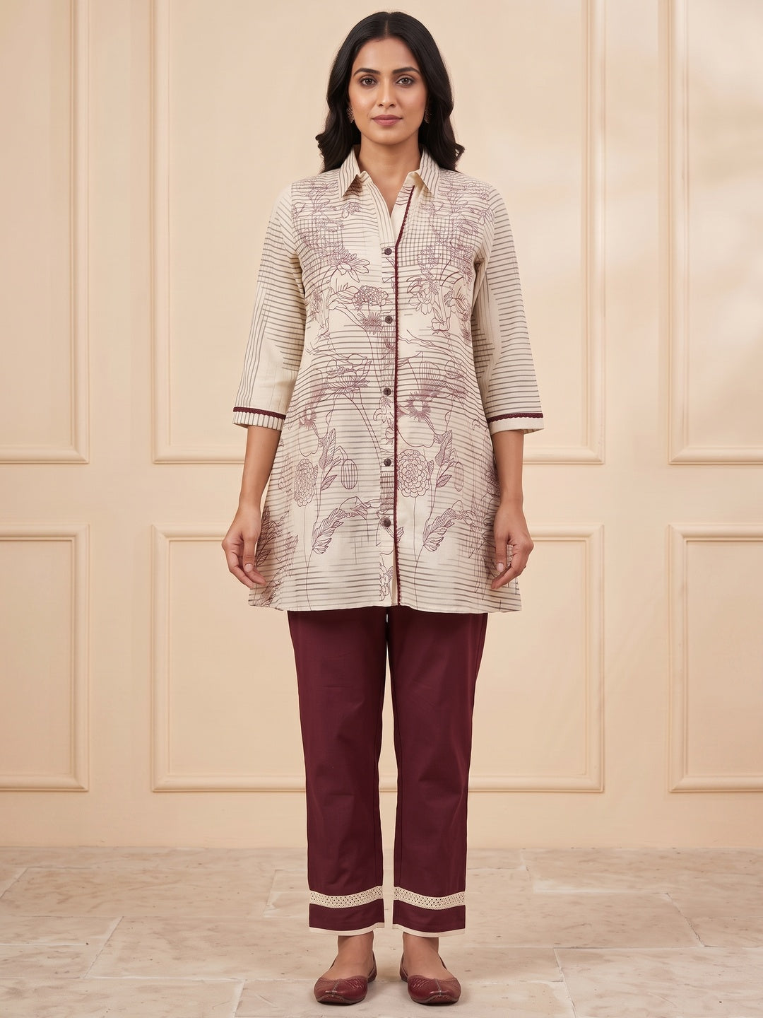 Peachmode Cream Pure Cotton Floral Printed Co-ord Set - Image 2