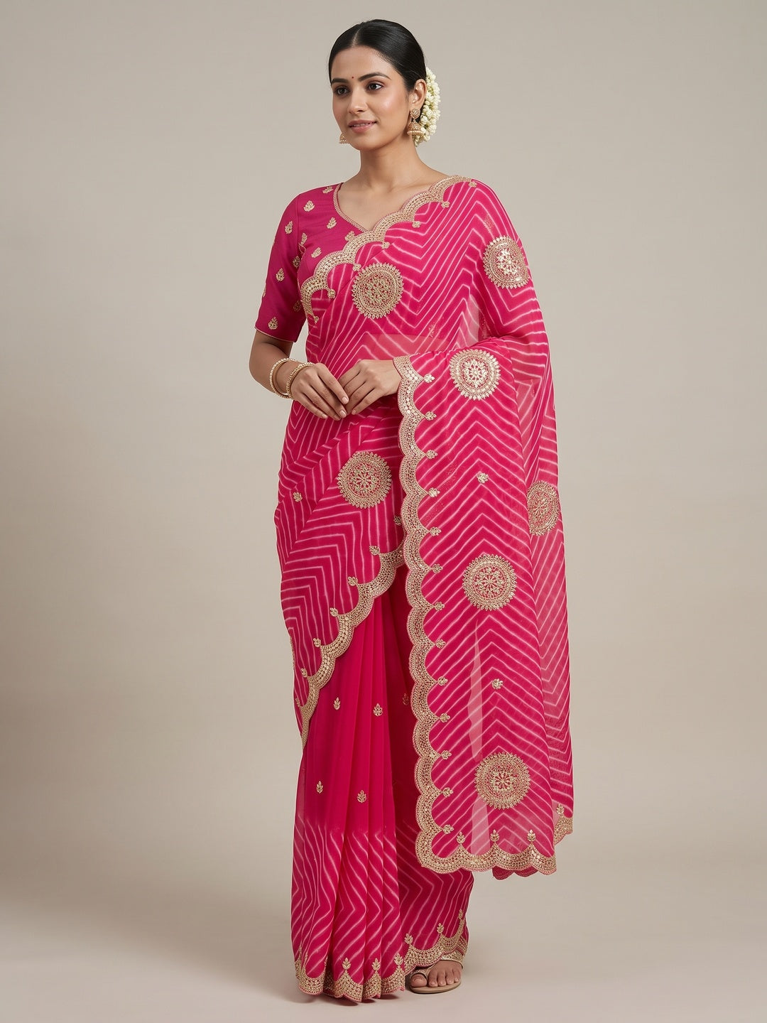 Peachmode Pink Gota Work Georgette Saree - Image 1