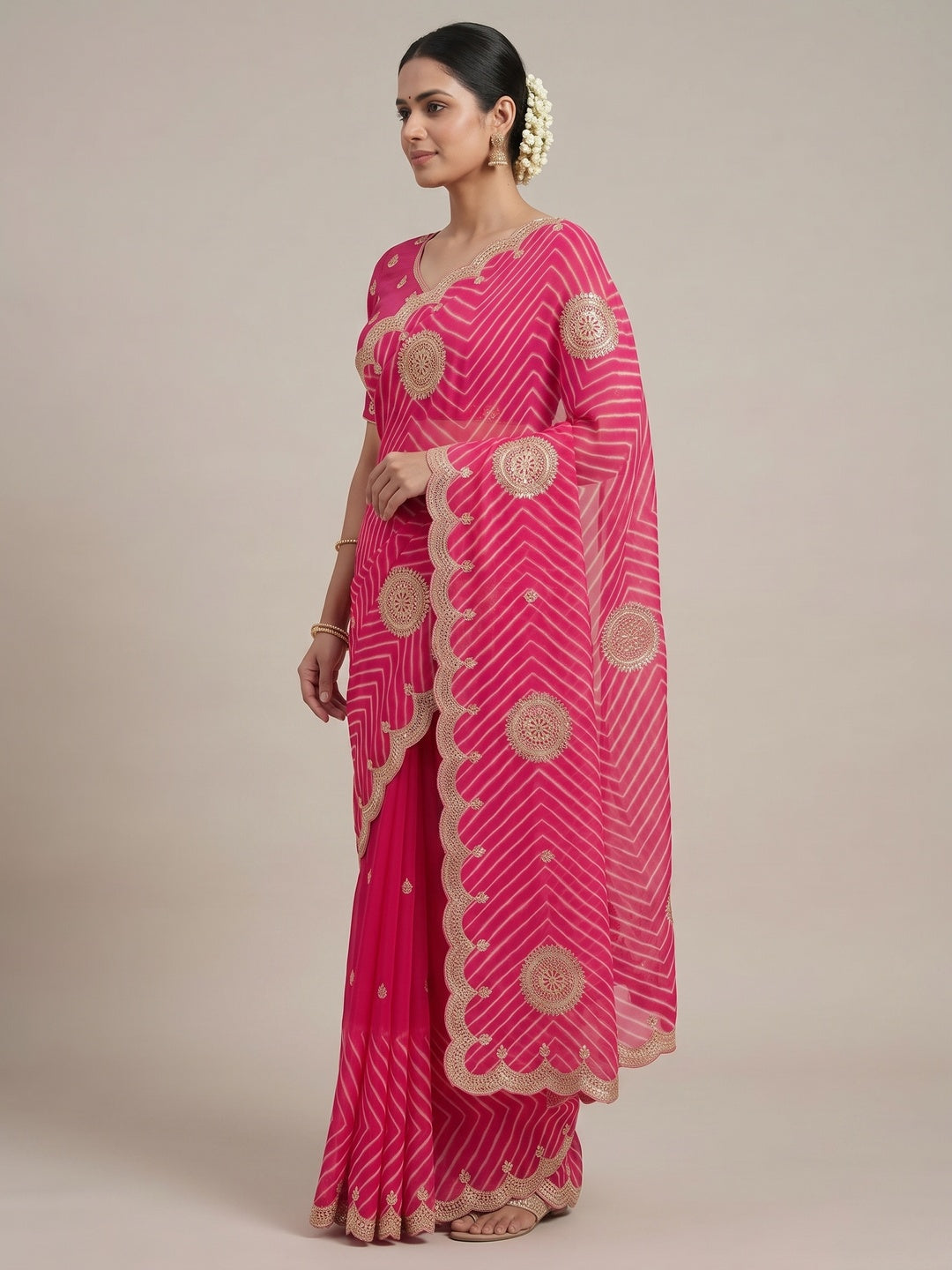 Peachmode Pink Gota Work Georgette Saree - Image 3