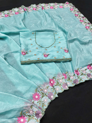 Peachmode Sea Green Floral Embroidered Crunchi Saree - Image 2