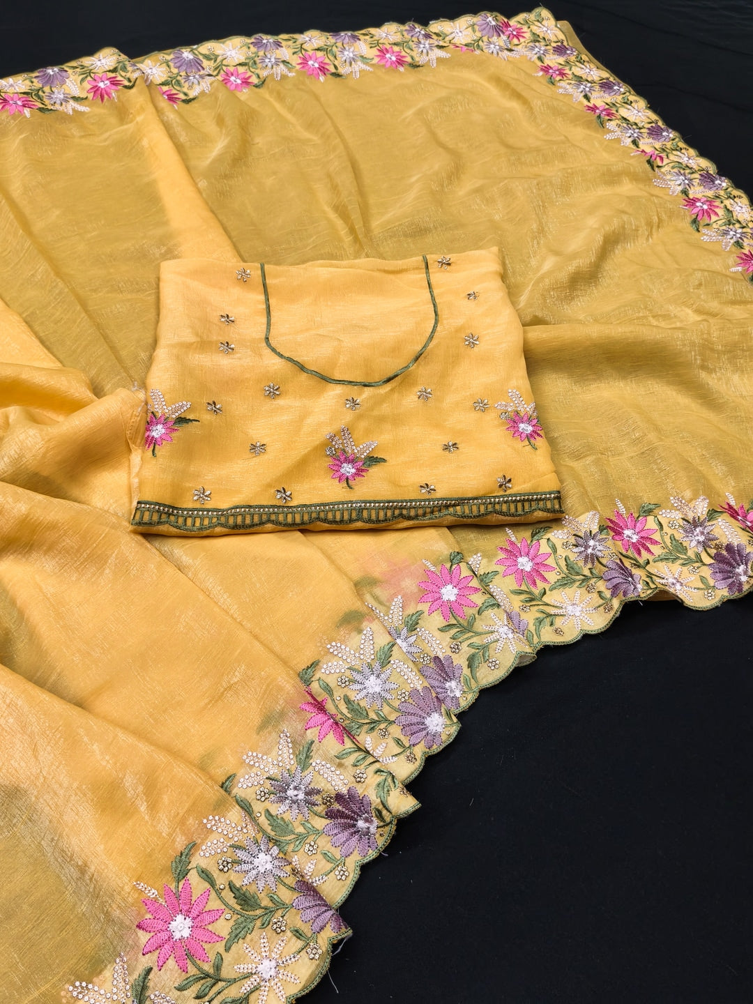 Peachmode Mustard Floral Embroidered Crunchi Saree - Image 2