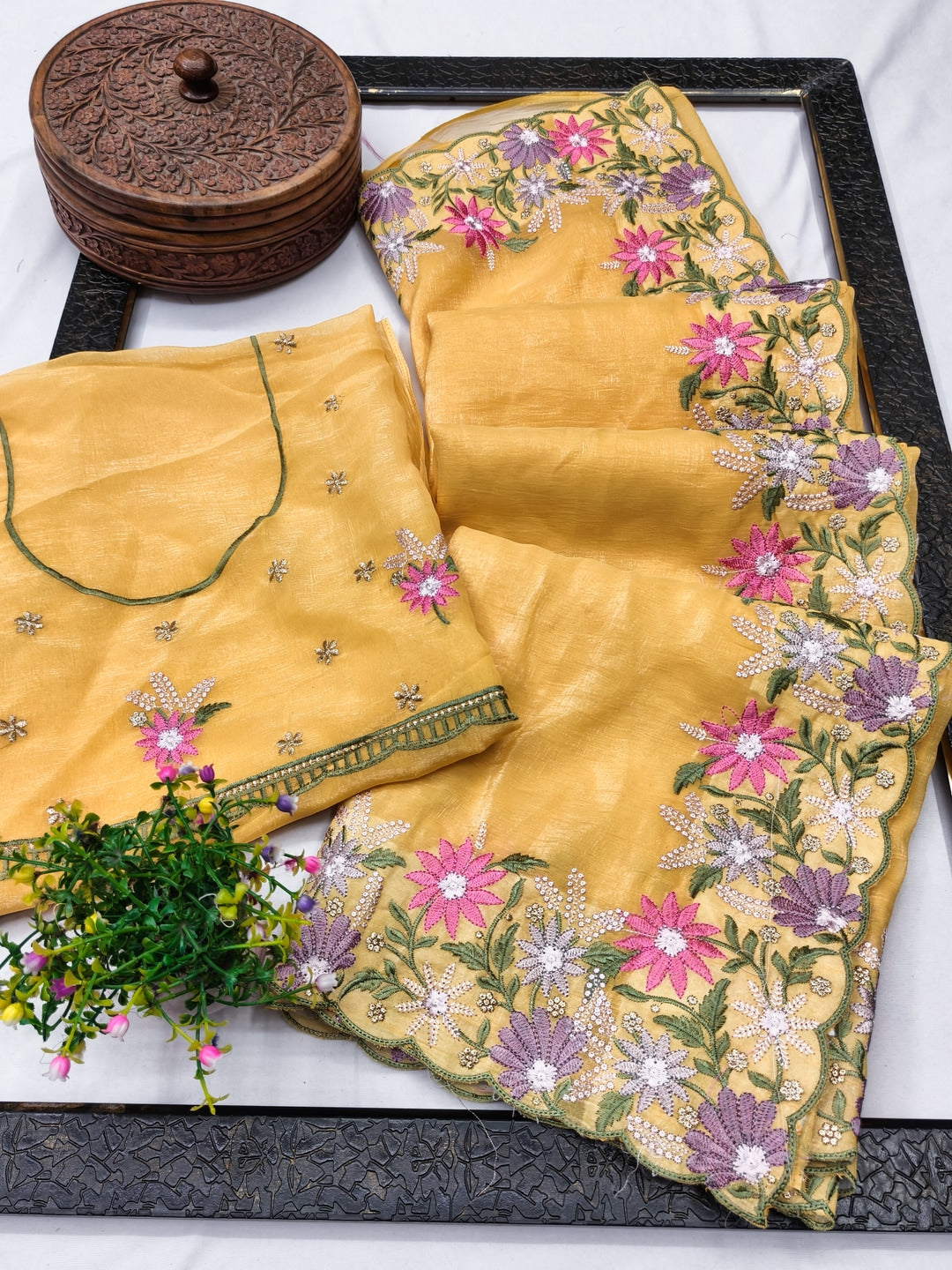 Peachmode Mustard Floral Embroidered Crunchi Saree - Image 3