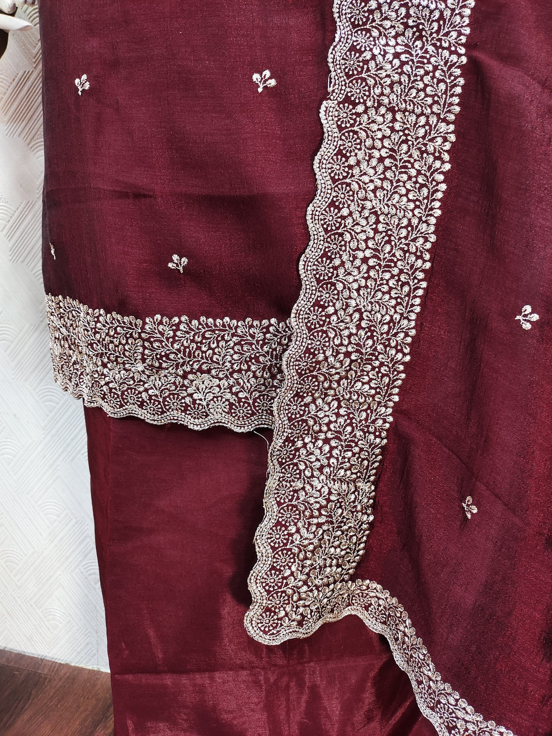 Peachmode Maroon Embroidered Vichitra Silk Dress Material - Image 2