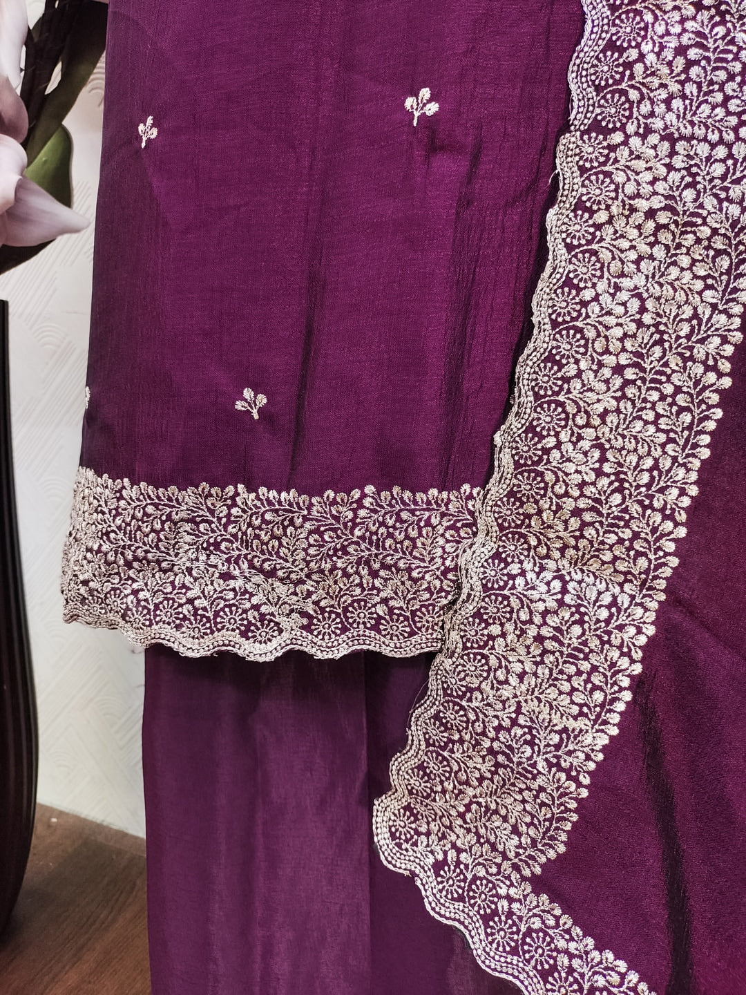 Peachmode Purple Embroidered Vichitra Silk Dress Material - Image 2