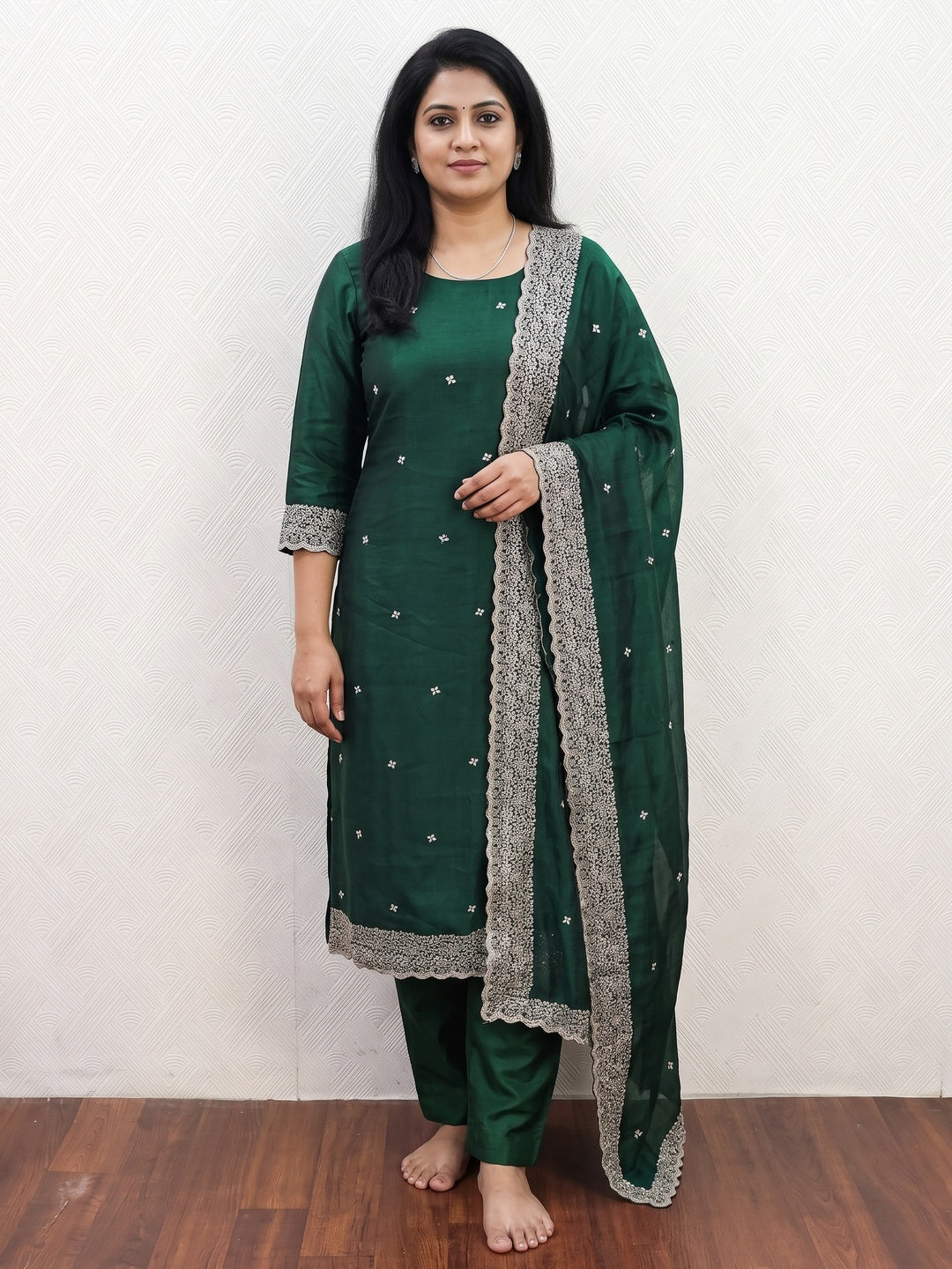 Peachmode Green Embroidered Vichitra Silk Dress Material - Image 1