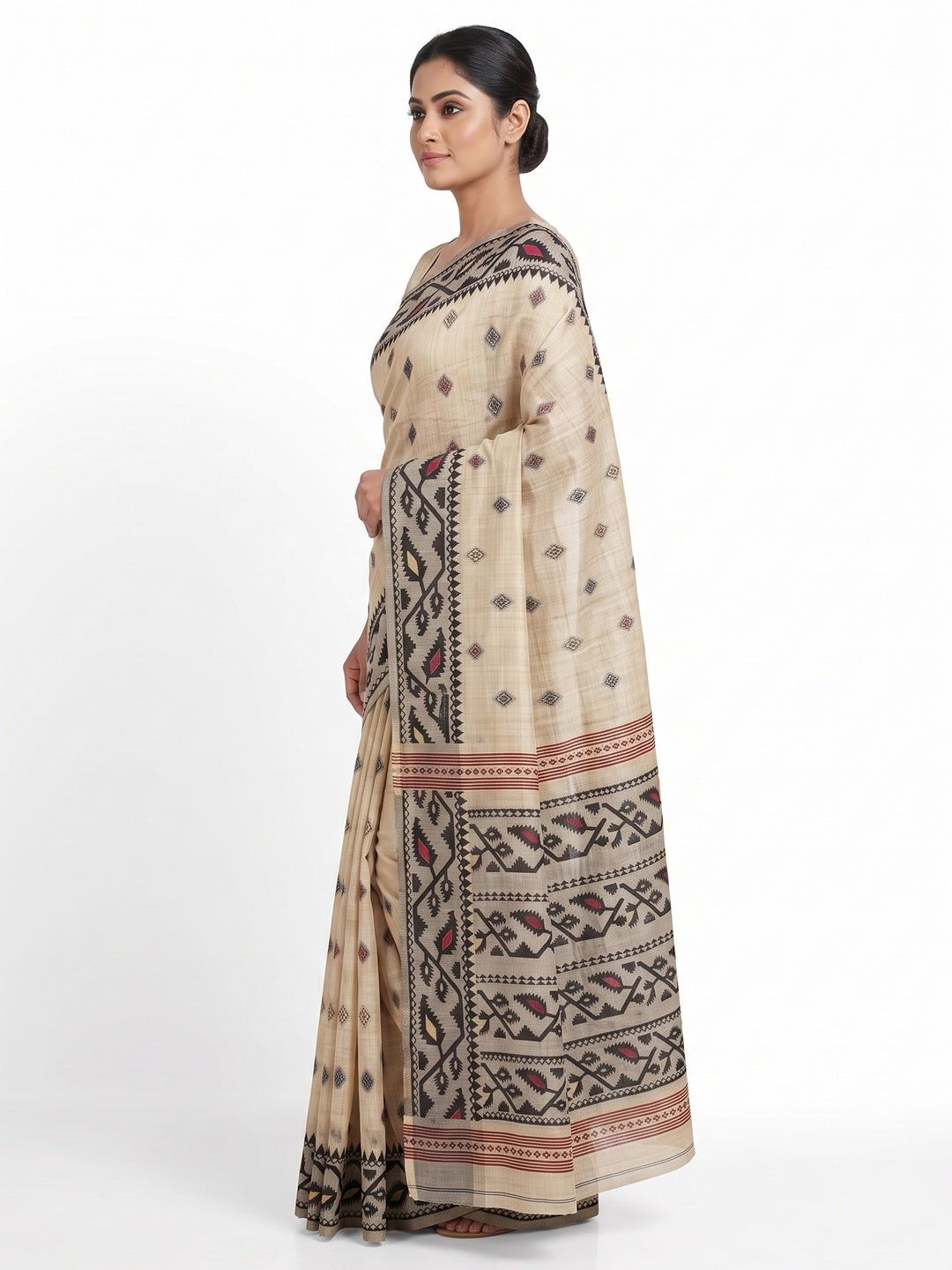 Peachmode Cream Multicolor Woven Cotton Blend Jamdani Saree - Image 4