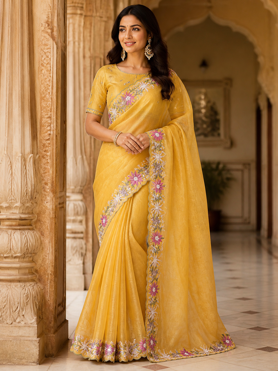 Peachmode Mustard Floral Embroidered Crunchi Saree - Image 1