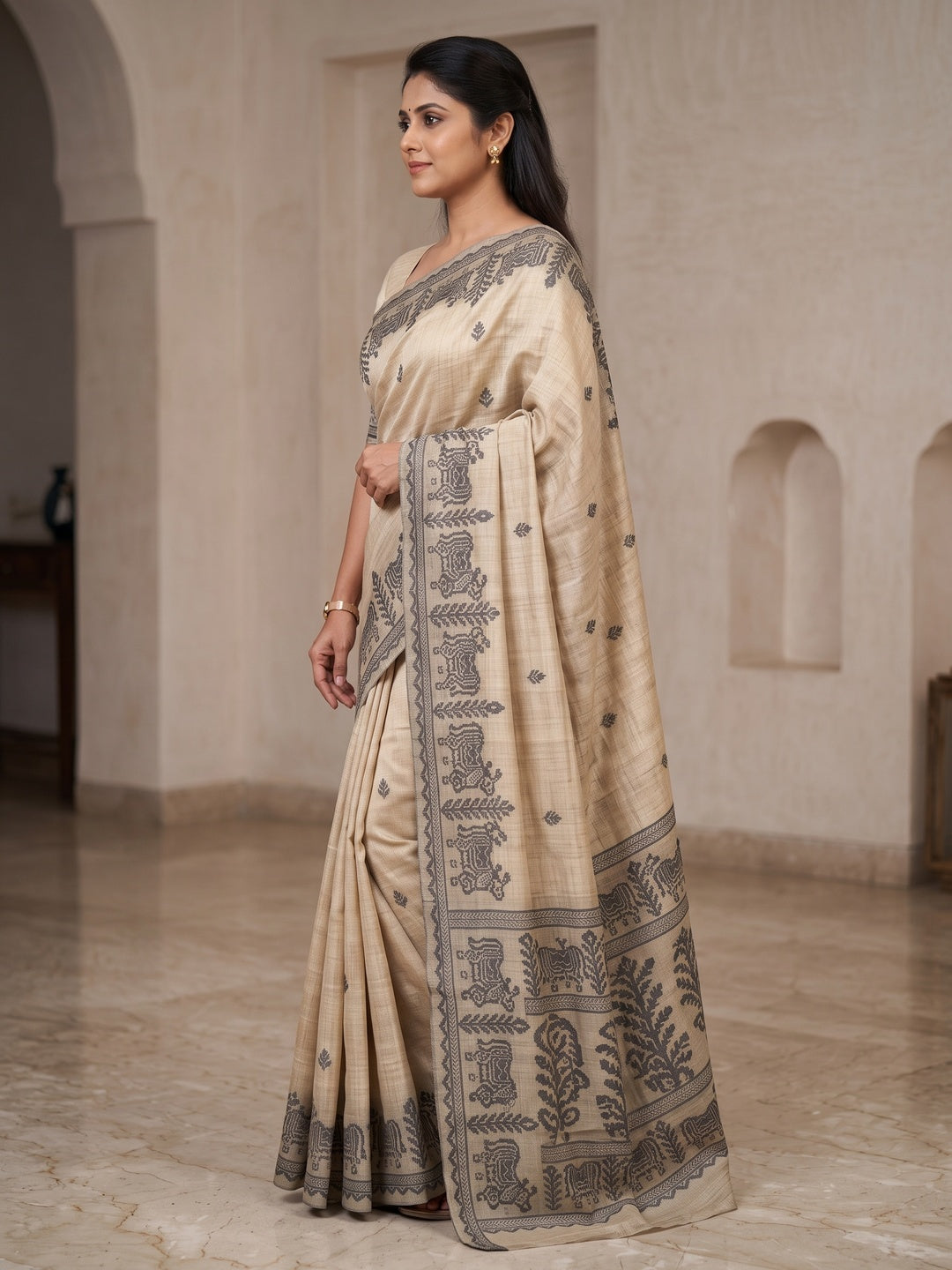 Peachmode Cream Grey Woven Cotton Blend Jamdani Saree - Image 4