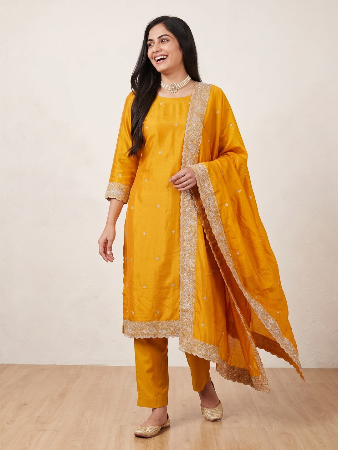 Peachmode Mustard Embroidered Vichitra Silk Dress Material - Image 5