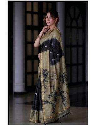 Peachmode Black & Beige Shibori Bandhani Mul Cotton Saree - Image 2