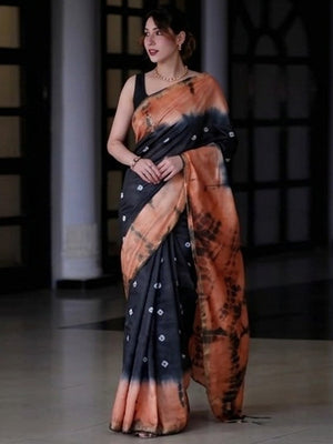 Peachmode Black & Peach Shibori Bandhani Mul Cotton Saree - Image 1