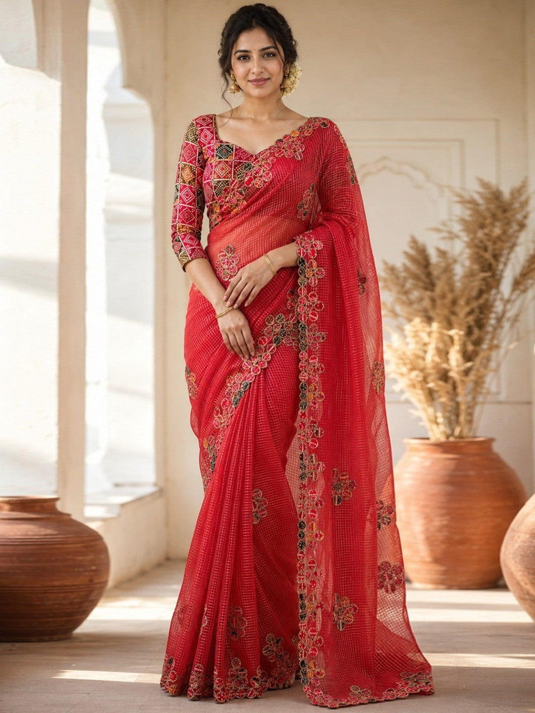 Peachmode Red Kota Doria Bandhej Patch Saree - Image 1