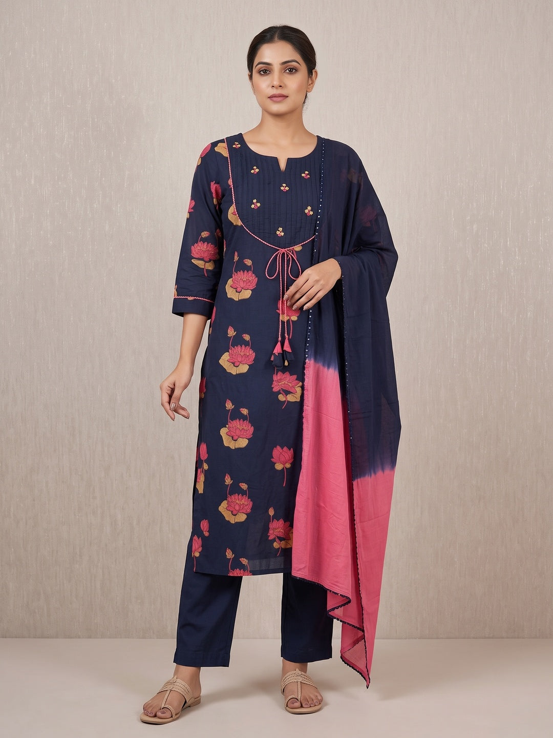 Peachmode Navy Blue Pure Cotton Lotus Printed Salwar Suit Set - Image 1